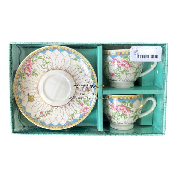 Grace Teaware Fine Porcelain Floral Espresso Cups & Saucers Gift Box Set New - Picture 2 of 10